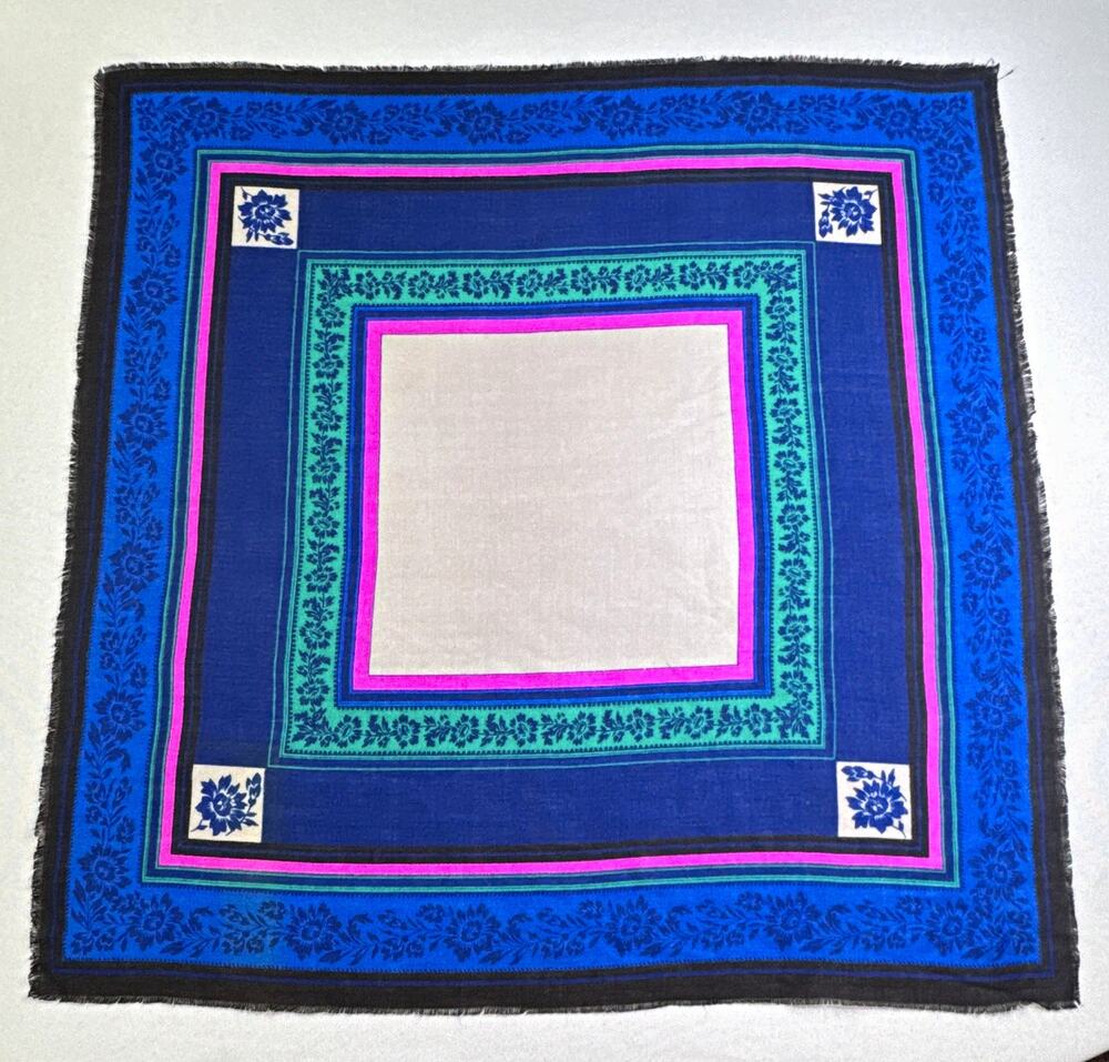 Vintage Glentex Square Scarf Blue Teal Pink Floral Border Made in Japan